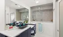 Walk in Jacuzzi tub (for two) with shower head. Glass enclosed (partially).