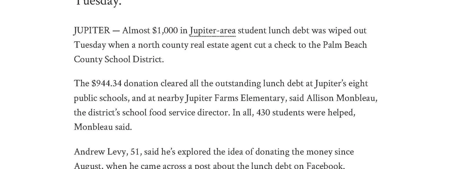 Who (and why) paid off all Jupiter-area public school lunch debt?