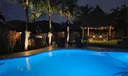 Spectacular by day or night! Multi-colored fiber optic lights sparkle in the salt-water at night, with outdoor landscape lighting illuminating the tropical palms and authentic tiki-hut, all fabulous for outdoor entertaining!