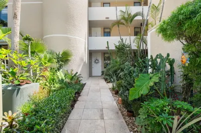 Lush, tropical landscaping greets you as you enter