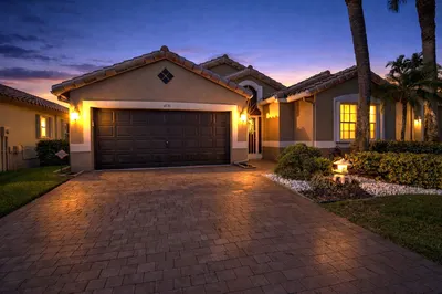 Twilight home with warm glow