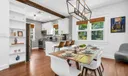 Enjoy a mid-century dining experience under an elegant chandelier, featuring a table for s6, 3 bar stools, and an outdoor set for 6 Classic elegance meets modern comfort.